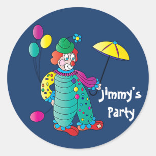 Pegatina Redonda Payaso con globos y paraguas y nombre Insertar