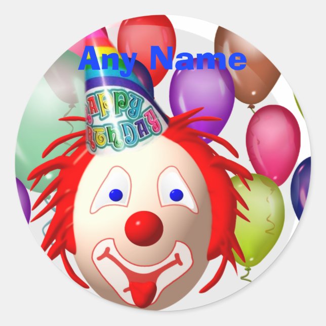 Pegatina Redonda payaso de cumpleaños, cualquier nombre (Anverso)