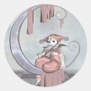 Pegatina Redonda Payaso rosado en muñeca de payaso en una luna plat