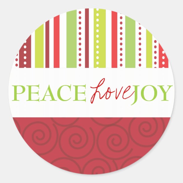 Pegatina Redonda Paz Amor Alegría Juguete puntos de polka y franjas (Anverso)