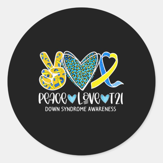 Pegatina Redonda Paz Amor Cure Blue & Yellow Ribbon Down Syndrome (Anverso)
