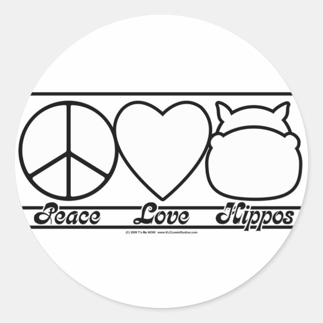 Pegatina Redonda Paz, amor e hipopótamos (Anverso)