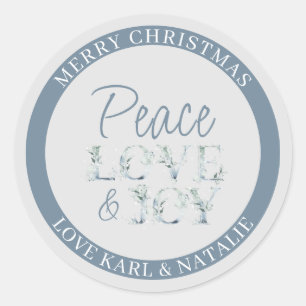 Pegatina Redonda Paz Amor y Alegría Letras Acuarela Navidad