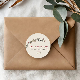 Pegatina Redonda Paz, amor y alegría, vegetación de las Berries Roj