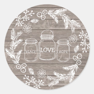 Pegatina Redonda Paz, amor y esperanza Rústica Mason Jar Wreath