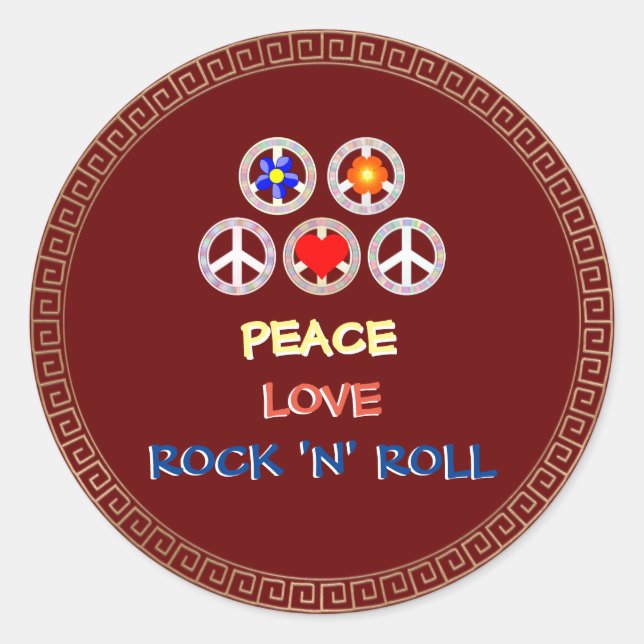 Pegatina Redonda Paz, amor y rock 'n' Roll (Anverso)