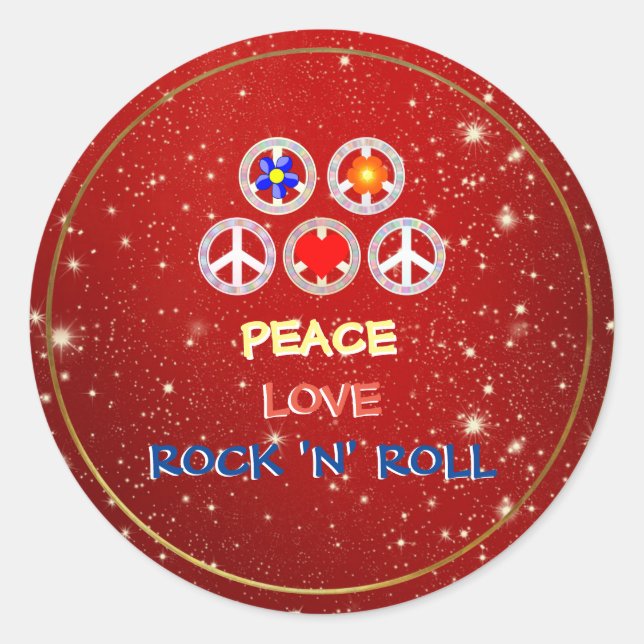 Pegatina Redonda Paz, amor y rock 'n' Roll (Anverso)
