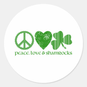 Pegatina Redonda Paz, amor y Shamrock