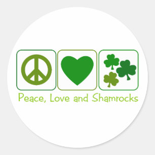 Pegatina Redonda Paz, amor y Shamrock