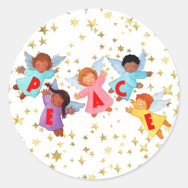 Pegatina Redonda Paz con los ángeles (Anverso)