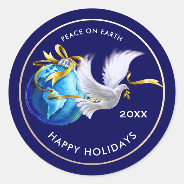 Pegatina Redonda Paz en la Tierra. Peace Dove | Navidades de Año Pe (Anverso)