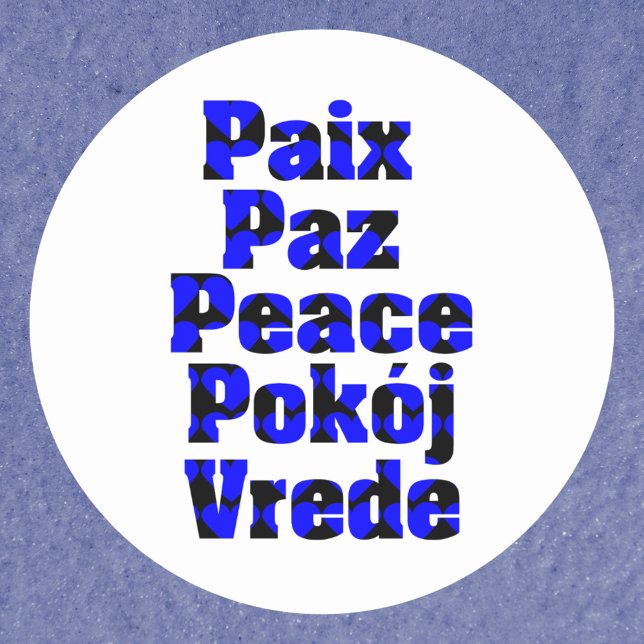 Pegatina Redonda Paz en lenguas extranjeras corazón negro azul (A sticker that says peace in different languages in blue and black heart pattern)