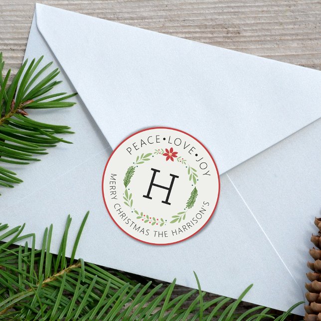 Pegatina Redonda Paz festiva amor alegría monograma (Festive Peace Love Joy Monogram Classic Round Sticker)