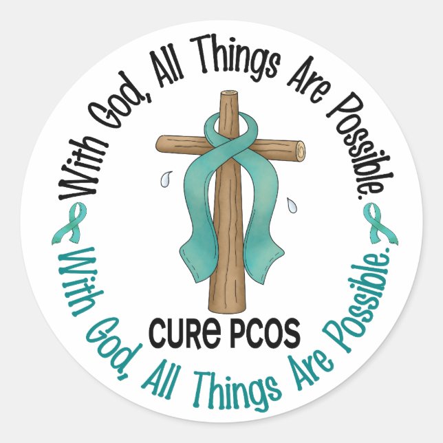 Pegatina Redonda PCOS con Dios cruzado (Anverso)