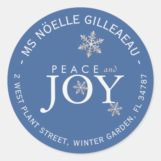 Pegatina Redonda PEACE and JOY Snowflakes Sky Blue (Anverso)