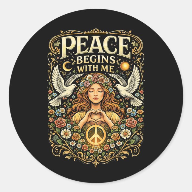 Pegatina Redonda Peace Begins Within (Anverso)