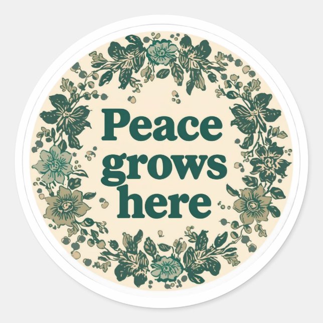 Pegatina Redonda Peace Grows Here Retro Floral Sticker (Anverso)