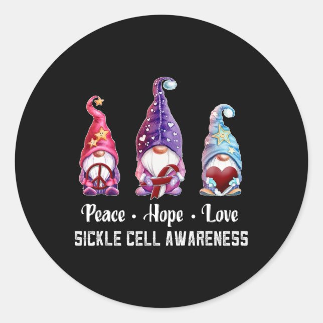 Pegatina Redonda Peace Hope Love Gnomes Sickle Cell Awareness (Anverso)
