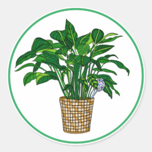 Pegatina Redonda Peace Lily Hand Dibujó Arte De La Planta De Casa