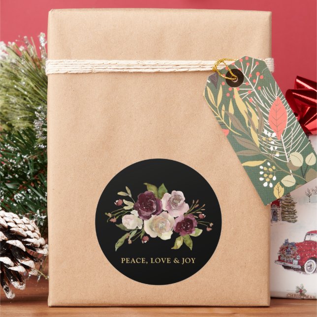 Pegatina Redonda Peace Love and Joy Winter Bouquet Black Holiday (Vacaciones)