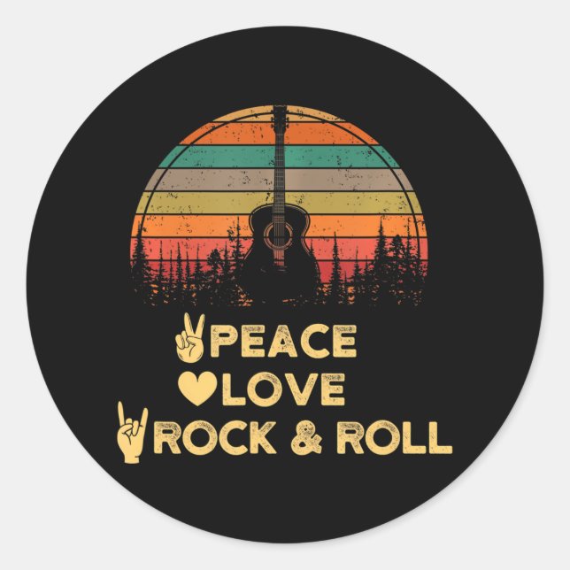 Pegatina Redonda Peace Love and Rock N Roll (Anverso)