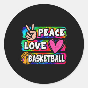 Pegatina Redonda Peace Love Bysketbyll Lover Cute Tie Dye Chicas Bo