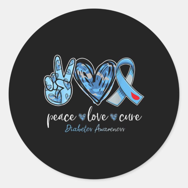 Pegatina Redonda Peace Love Cure Blue Ribbon Diabetes Awareness Mon (Anverso)
