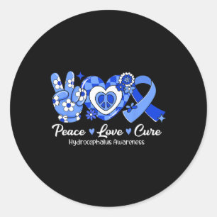 Pegatina Redonda Peace Love Cure Blue Ribbon Hydrocephalus Awarenes