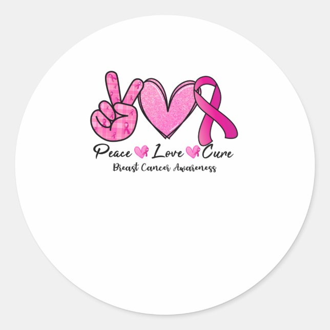 Pegatina Redonda Peace Love Cure Breast Cancer Awareness (Anverso)