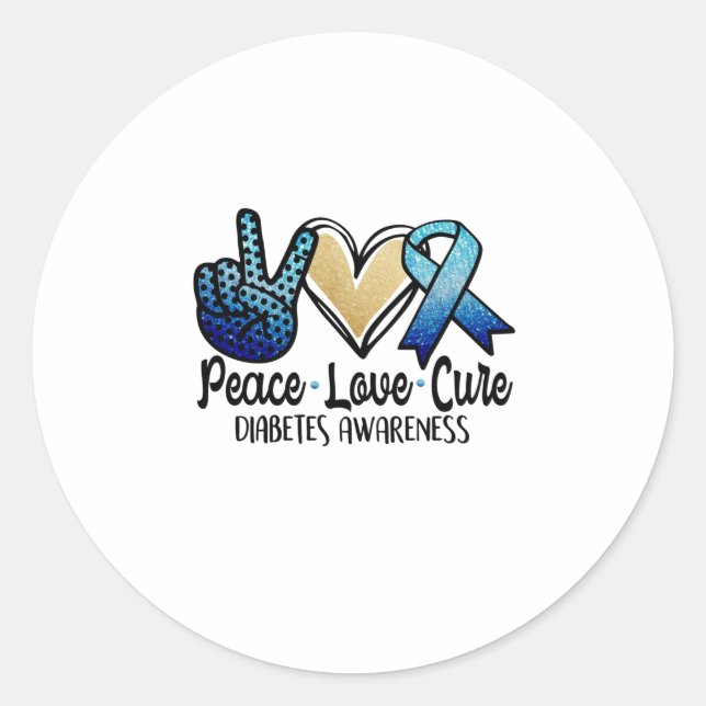 Pegatina Redonda Peace Love Cure Diabetes Awareness (Anverso)