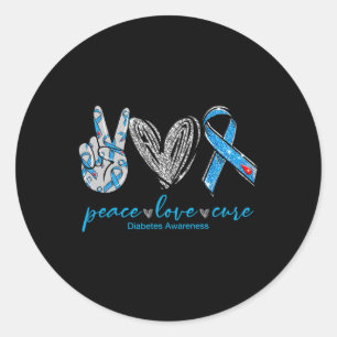 Pegatina Redonda Peace Love Cure Diabetes Awareness Heart Ribbon
