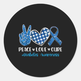 Pegatina Redonda Peace Love Cure Gray Blue Ribbon Diabetes Awares