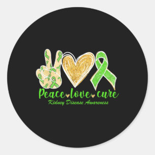 Pegatina Redonda Peace Love Cure Green Ribbon Kidney Disease Awaren