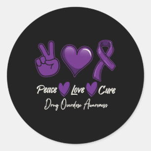 Pegatina Redonda Peace Love Cure Purple Drug Overdose Awareness