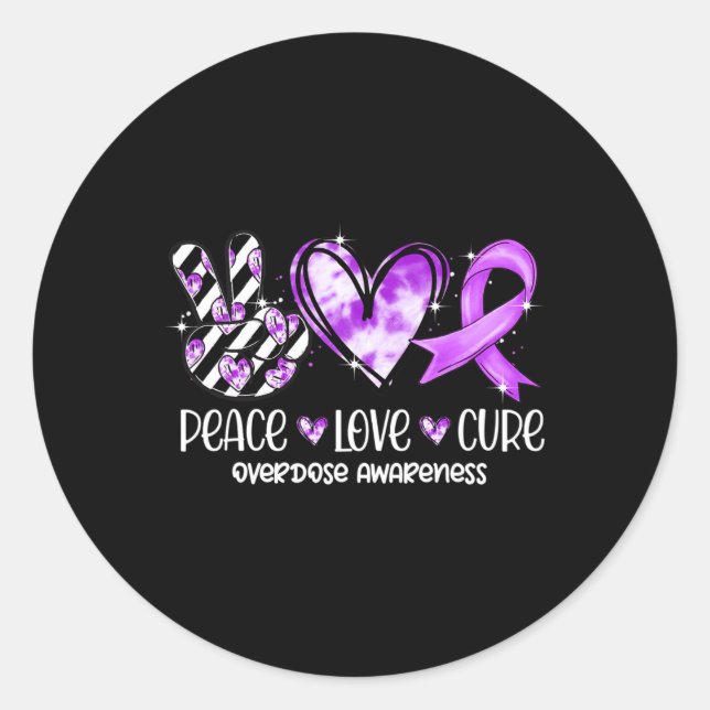 Pegatina Redonda Peace Love Cure Purple Ribbon Sobredosis (Anverso)