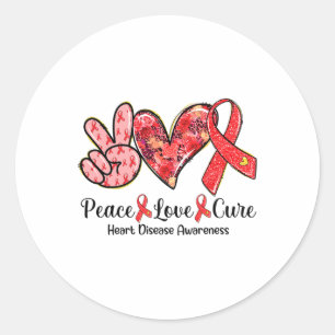 Pegatina Redonda Peace Love Cure Red Ribbon Heart Disease Awareness