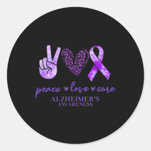 Pegatina Redonda Peace Love Cure Ribbon Leopard Alzheimer Brain Awa