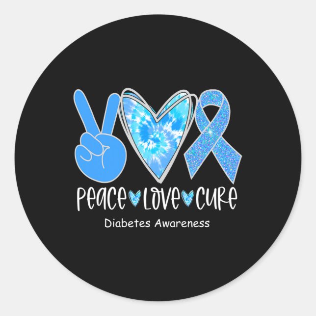Pegatina Redonda Peace Love Cure T1d Diabetes Awareness Blue Ribbon (Anverso)