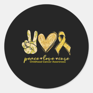 Pegatina Redonda Peace Love Cure Yellow Ribbon Children Cancer Awa