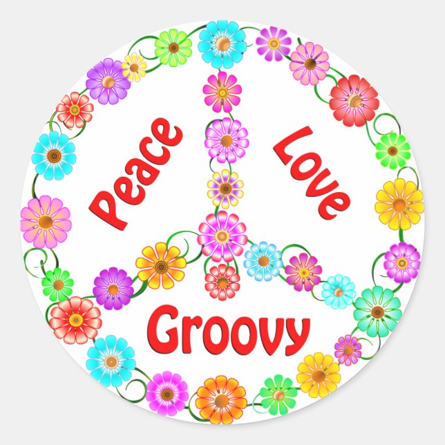 Pegatina Redonda Peace Love Groovy (Anverso)