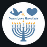 Pegatina Redonda Peace Love Hanukkah<br><div class="desc">Festival de las Luces diseño de Hanukkah que dice PEACE LOVE HANUKKAH con una paloma y una rama de olivo,  corazón y menorah iluminada. ¡PinkInkArt original!</div>