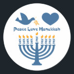 Pegatina Redonda Peace Love Hanukkah<br><div class="desc">Festival de las Luces diseño de Hanukkah que dice PEACE LOVE HANUKKAH con una paloma y una rama de olivo,  corazón y menorah iluminada. ¡PinkInkArt original!</div>