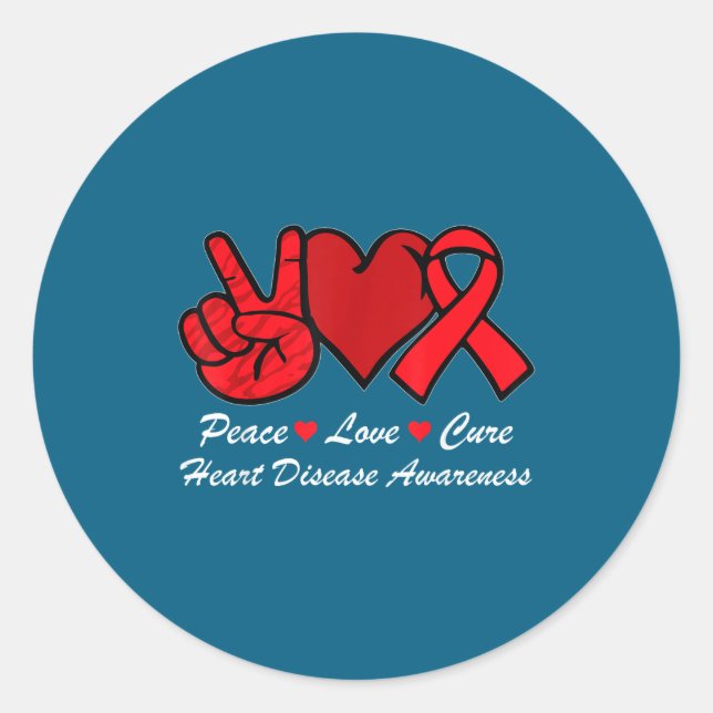 Pegatina Redonda Peace Love Heart Disease Awareness Chd Suprt Wear  (Anverso)