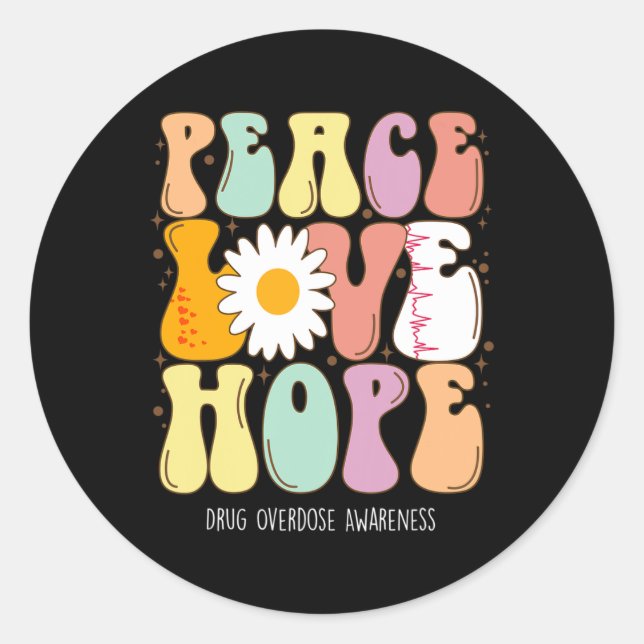 Pegatina Redonda Peace Love Hope Purple Ribbon Drug Overdose (Anverso)