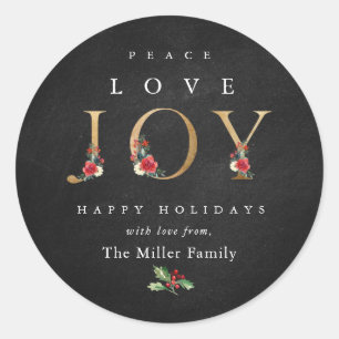 Pegatina Redonda Peace Love Joy Festiva Winter Floral Berries