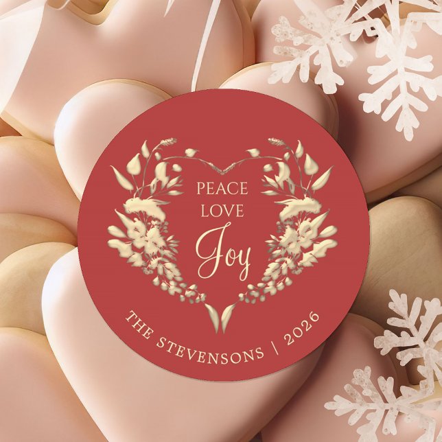 Pegatina Redonda Peace Love Joy Red Gold Navidades (Subido por el creador)