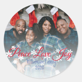 Pegatina Redonda Peace Love Joy Red Script Your Photo