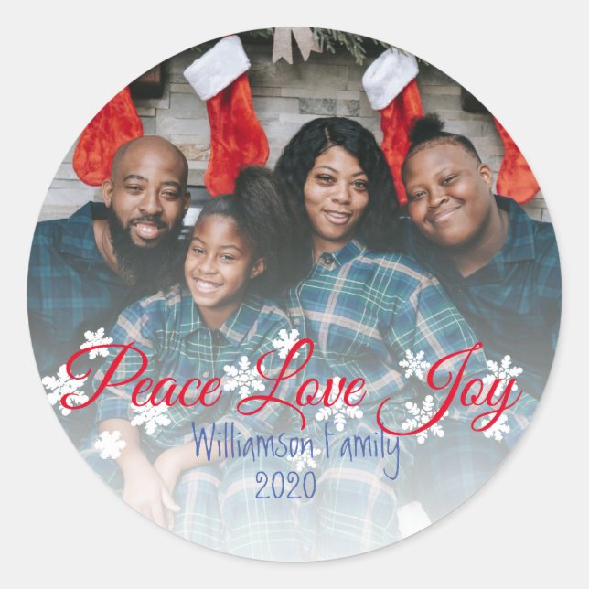 Pegatina Redonda Peace Love Joy Red Script Your Photo (Anverso)