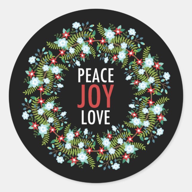 Pegatina Redonda Peace Love Joy Wreath sobre fondo negro (Anverso)