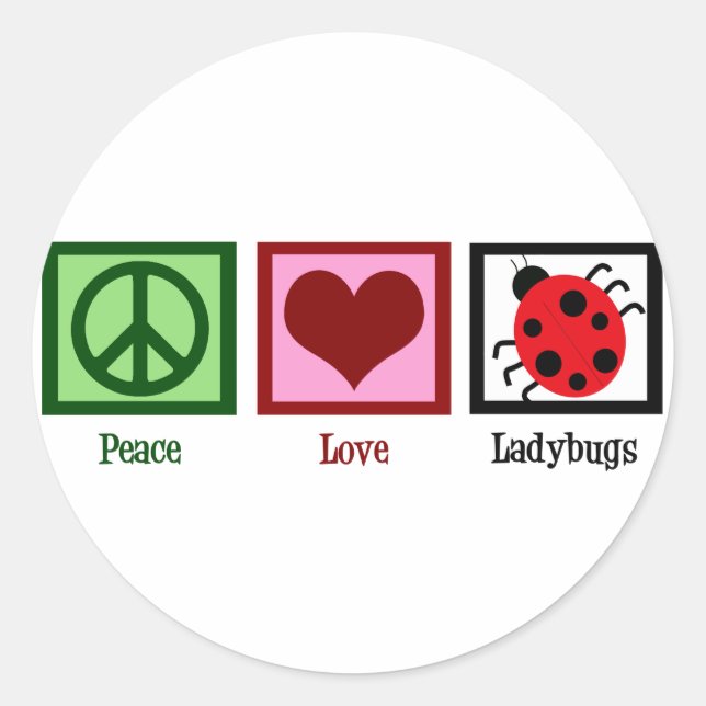 Pegatina Redonda Peace Love Ladybugs (Anverso)